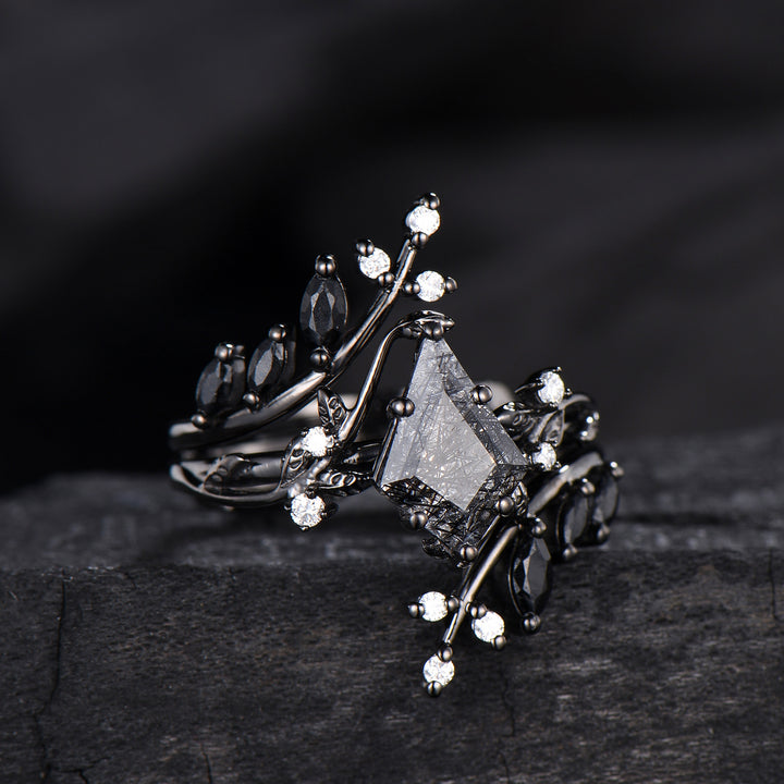 Unique gothic kite cut black rutilated quartz engagement ring set black gold cluster engagement ring leaf branch nature inspired wedding set
