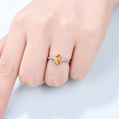 Vintage Pear Shaped Citrine Engagement Ring Unique Crescent moon orange citrine gold wedding ring women celestial anniversary gift for her - PENFINE