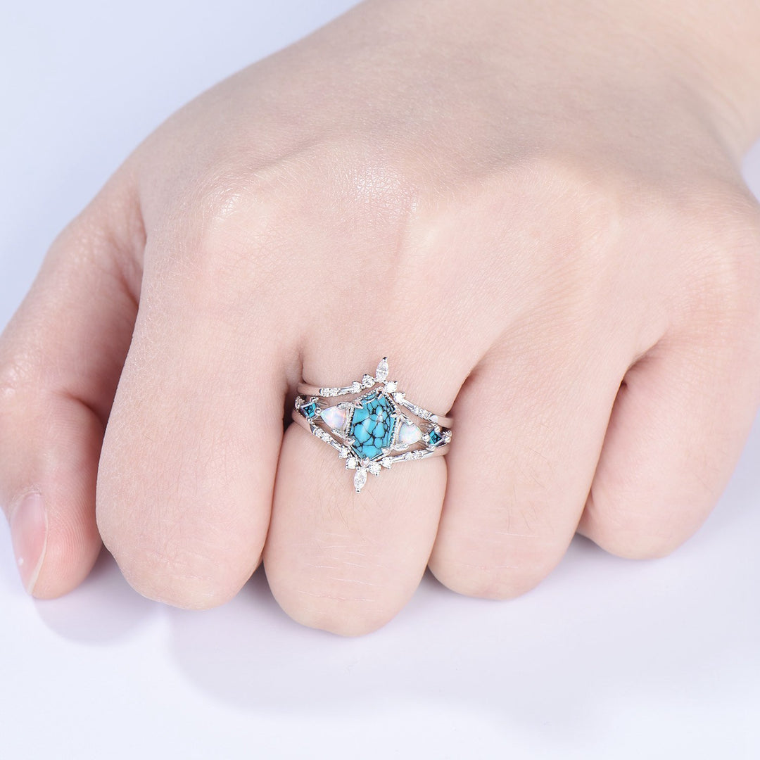 Vintage 5X9mm long hexagon turquoise engagement ring set unique triangle fire opal kite alexandrite wedding ring set double curved v band - PENFINE