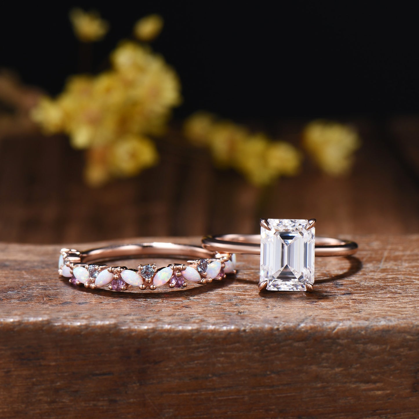 Emerald Cut Moissanite Engagement Ring | 14K Rose Gold Bridal Set, Opal Wedding Band
