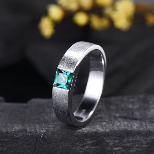 Men's Princess Cut Green Emerald Ring: 14K White Gold May Birthstone Gift For Him