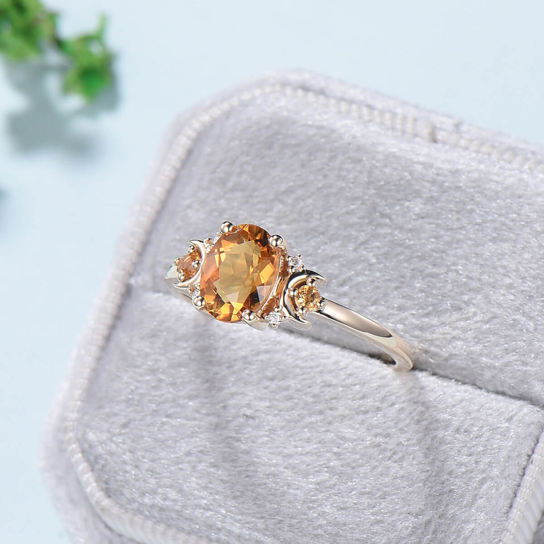 Vintage Moon Citrine Engagement Ring Unique Nature Inspired November Birthstone Anniversary Ring Magic Crescent Moon Healing Gem Jewelry - PENFINE