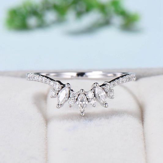 Moissanite Wedding Band Women Rose Gold Vintage Marquise Diamond Wedding Ring Unique Curved V Matching Band Stacking Bridal Promise gift - PENFINE