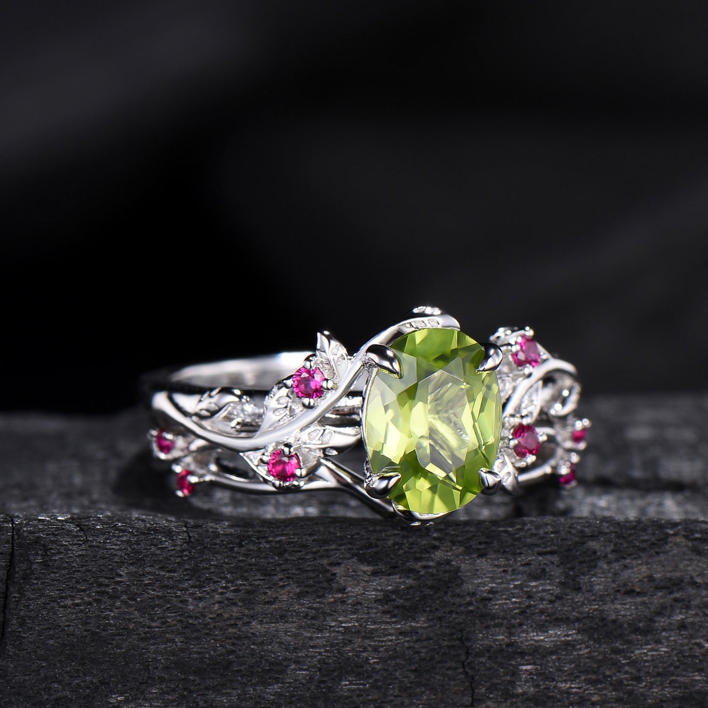 Leaf vine  peridot rubywedding ring set Natural inspired August Birthstone Jewelry