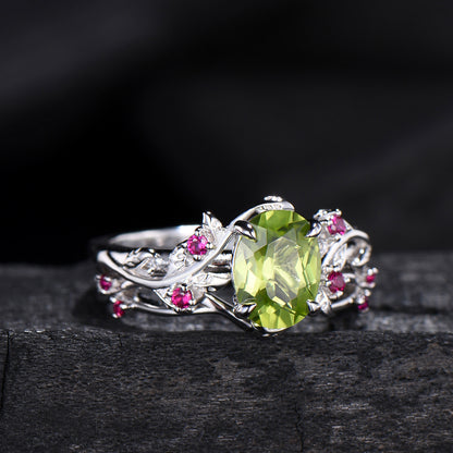 Leaf vine  peridot rubywedding ring set Natural inspired August Birthstone Jewelry