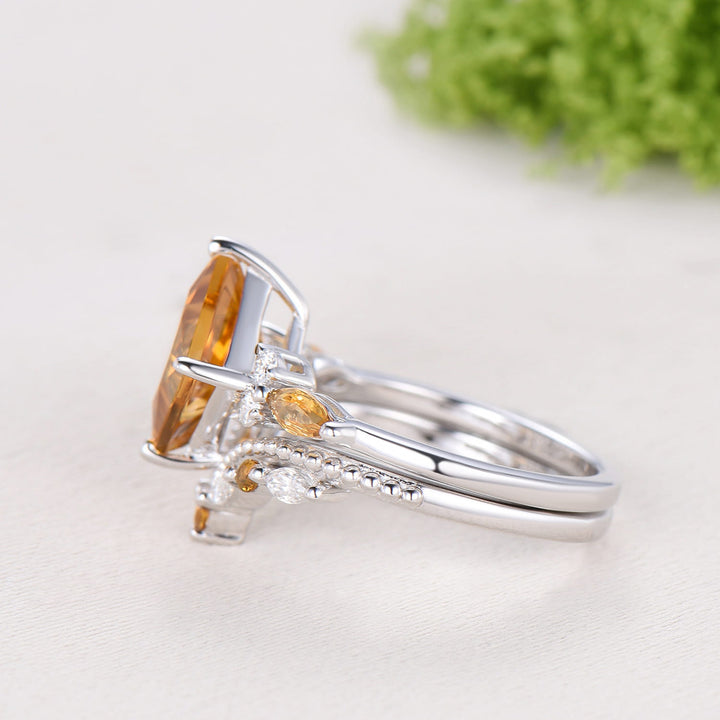 2CT Princess Cut Lab Grown Diamond Engagement Ring Set, Cluster Citrine Bridal Set