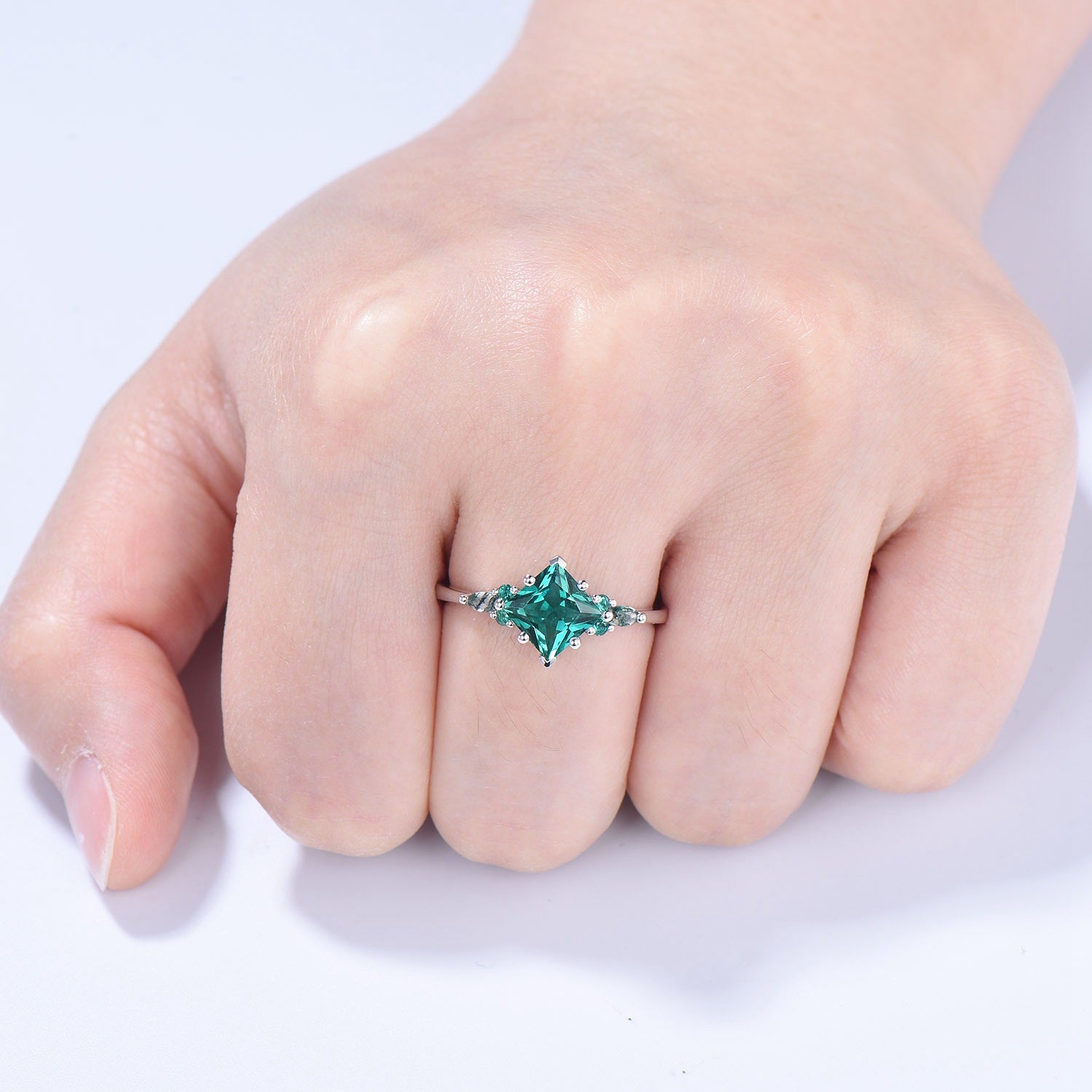 Unique Princess Cut Emerald Engagement Ring Set Silver White Gold Marquise Moss Agate Green Crystal Bridal Wedding Ring Retro Promise Ring - PENFINE