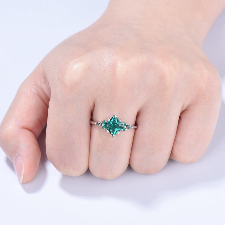 Unique Princess Cut Emerald Engagement Ring Set Silver White Gold Marquise Moss Agate Green Crystal Bridal Wedding Ring Retro Promise Ring - PENFINE