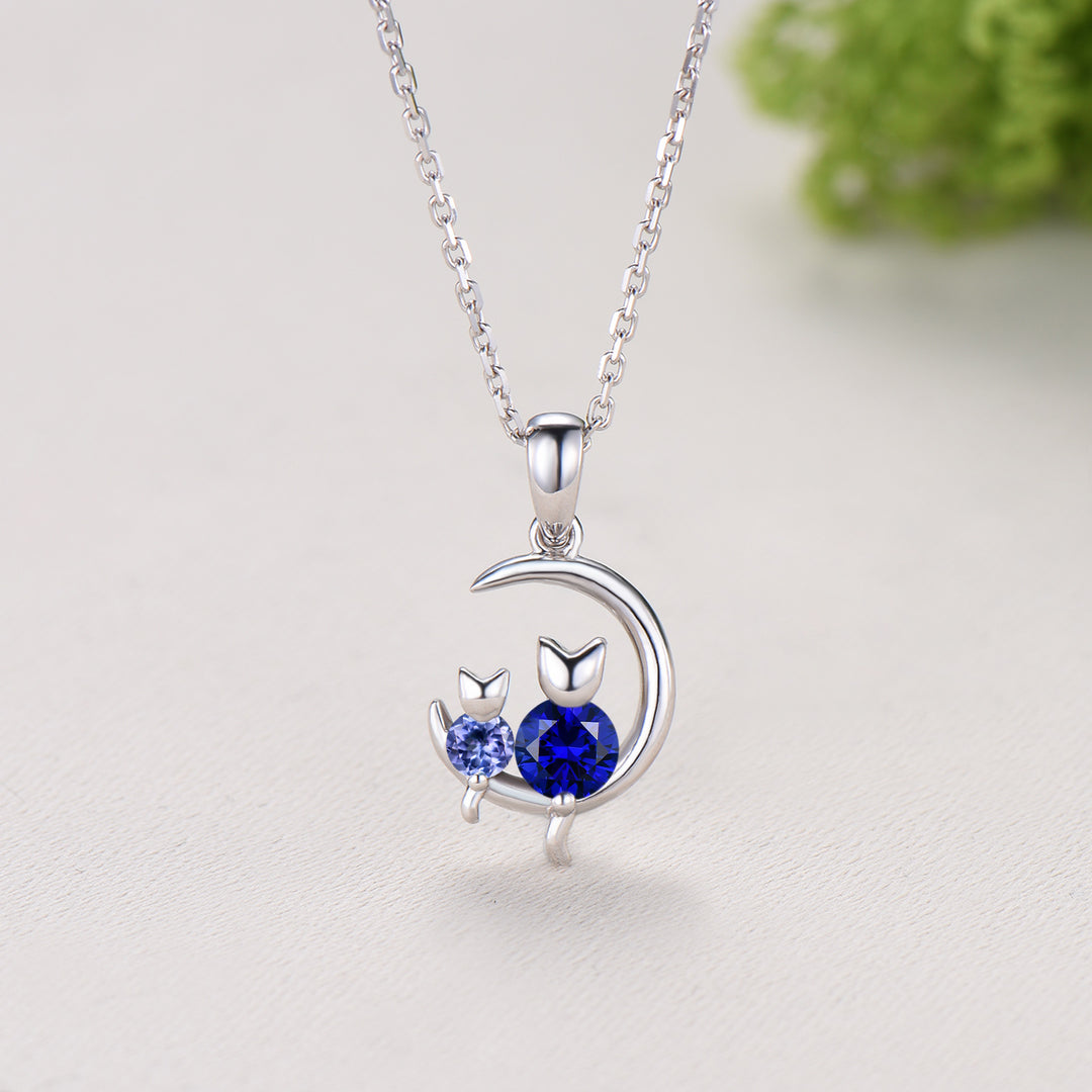 Dainty cat tanzanite sapphire necklace cute silver white gold moon family pendant personalized Two cats lying on the moon rocking chair