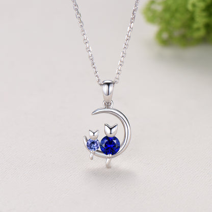 Dainty cat tanzanite sapphire necklace cute silver white gold moon family pendant personalized Two cats lying on the moon rocking chair