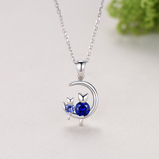 Dainty cat tanzanite sapphire necklace cute silver white gold moon family pendant personalized Two cats lying on the moon rocking chair