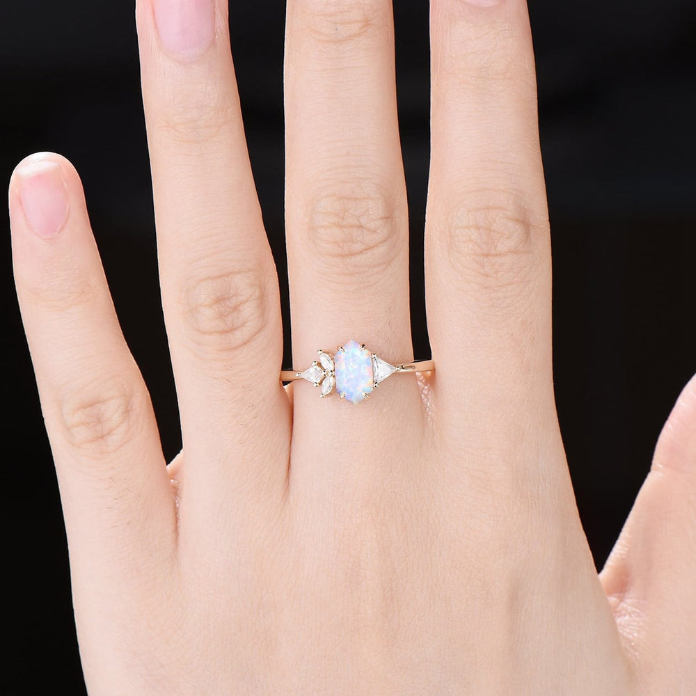 Unique File opal engagement ring long hexagon asymmetrical rose gold white opal wedding ring five moissanite handmade proposal gifts women - PENFINE