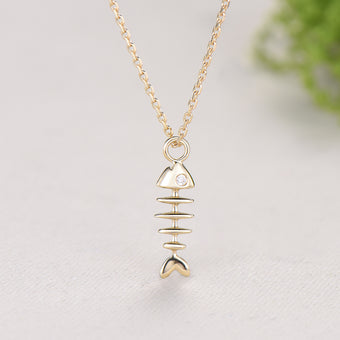 Dainty Fishbone Necklace Unique Fish Pendant 9K/14K/18K Yellow Gold Fish Necklace Fish Bone Necklace Vintage Fish Charm Christian Necklace - PENFINE
