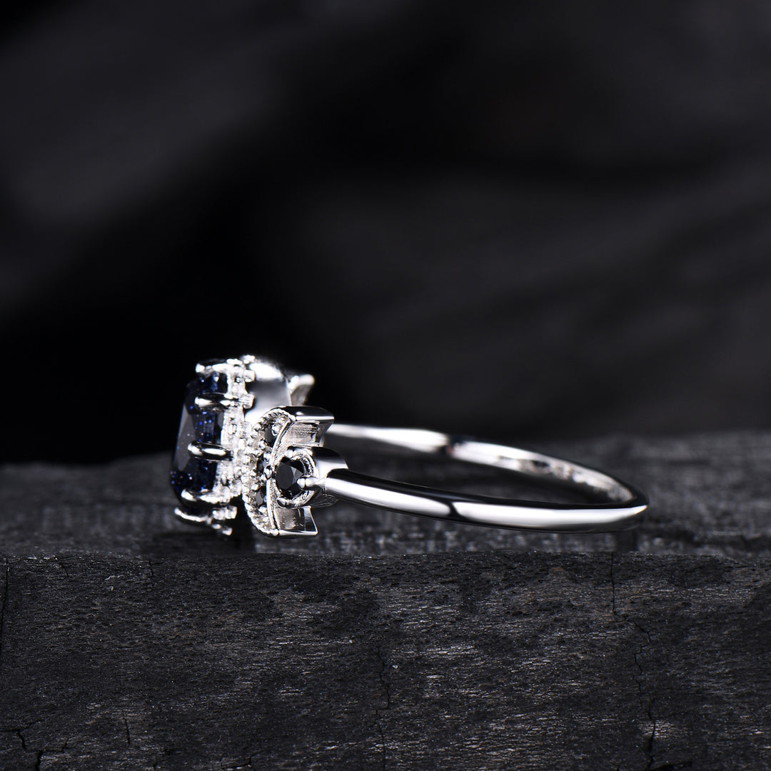 Oval Blue Sandstone Engagement Ring, Celestial Crescent Moon Ring, Gothic Promise Ring, Triple Goddess Witchy Jewelry, Anniversary Gift