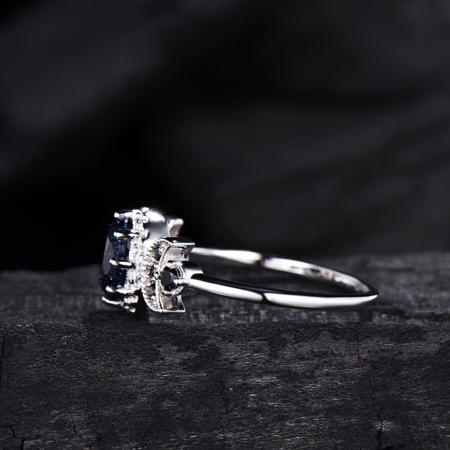Oval Blue Sandstone Engagement Ring, Celestial Crescent Moon Ring, Gothic Promise Ring, Triple Goddess Witchy Jewelry, Anniversary Gift