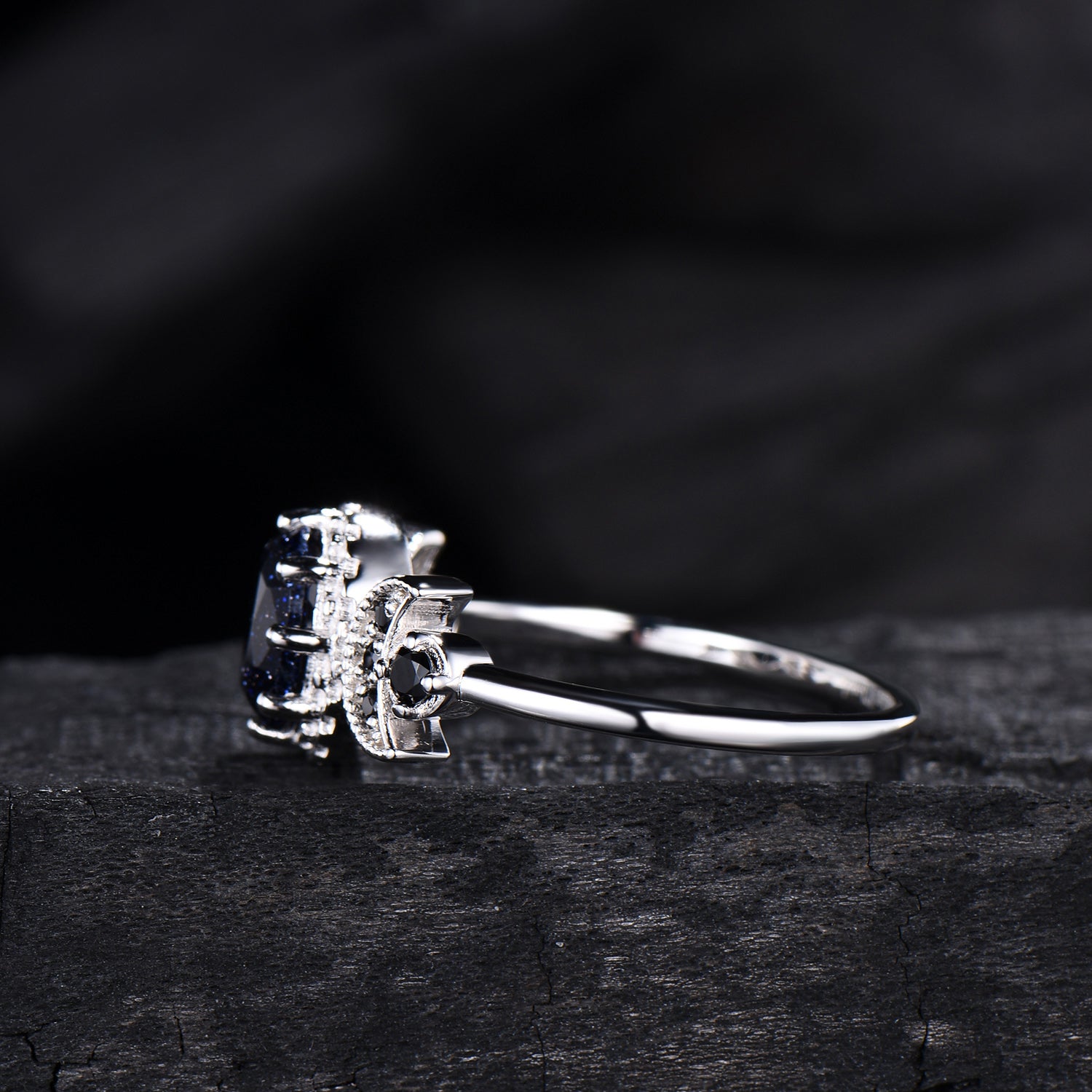 Oval Blue Sandstone Engagement Ring, Celestial Crescent Moon Ring, Gothic Promise Ring, Triple Goddess Witchy Jewelry, Anniversary Gift