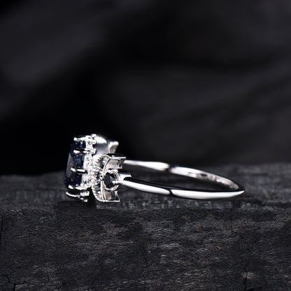 Oval Blue Sandstone Engagement Ring, Celestial Crescent Moon Ring, Gothic Promise Ring, Triple Goddess Witchy Jewelry, Anniversary Gift