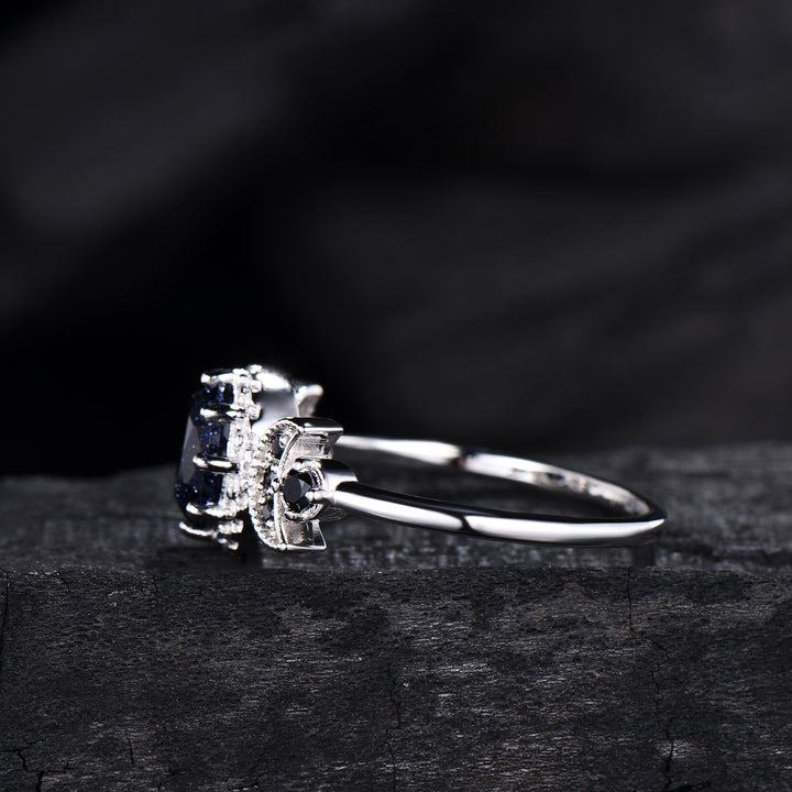 Oval Blue Sandstone Engagement Ring, Celestial Crescent Moon Ring, Gothic Promise Ring, Triple Goddess Witchy Jewelry, Anniversary Gift