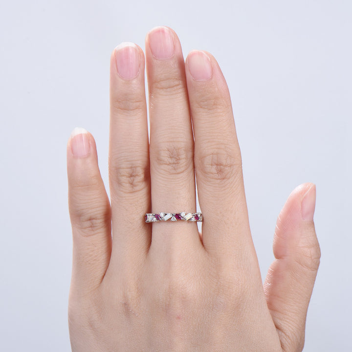 Vintage Fire Opal Ruby Eternity Wedding Band Women Unique Baguette White Opal Stackable Ring Marquise Ruby Matching Band Anniversary Gift - PENFINE