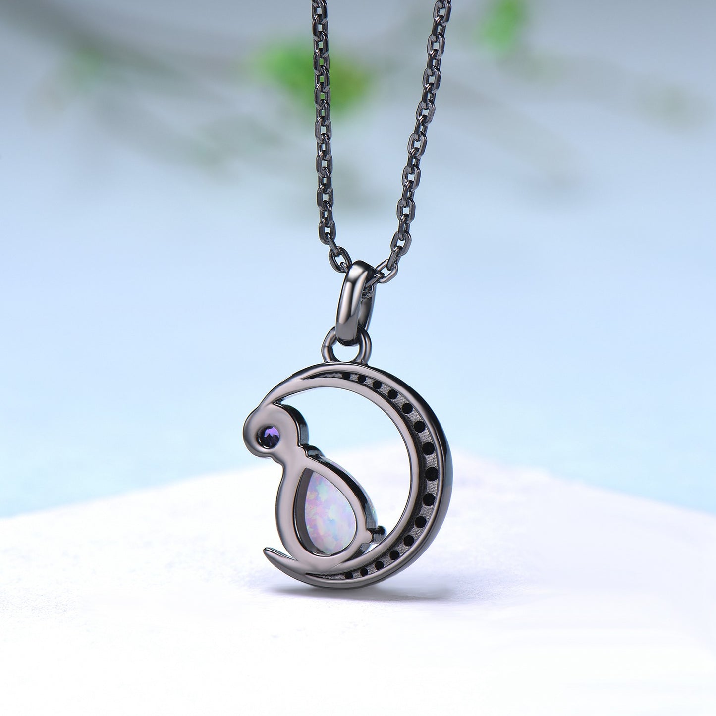 Magic Crescent Moon Black Gold Opal Amethyst Gothic Pendant Necklace Unique Pear Shaped Fire White Opal Black Spinel Necklace Halloween Girl - PENFINE