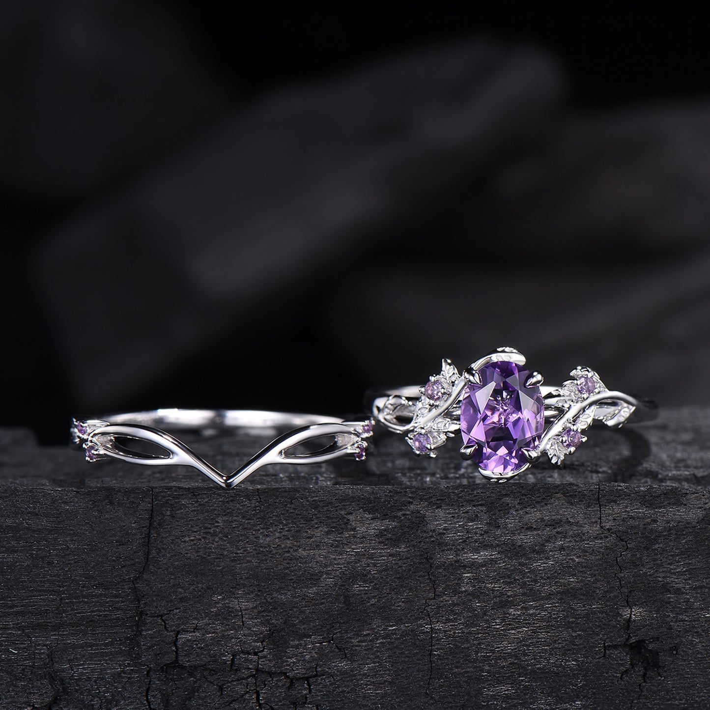 Nature Inspired amethyst ring set cluster rose gold purple amethyst engagement ring vintage unique Leaf crystal wedding ring set for women