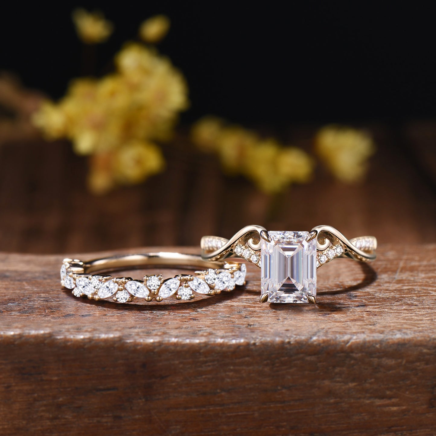 Emerald Cut Moissanite Wedding Ring Set, 14k Rose Gold Art Nouveau Bridal Band