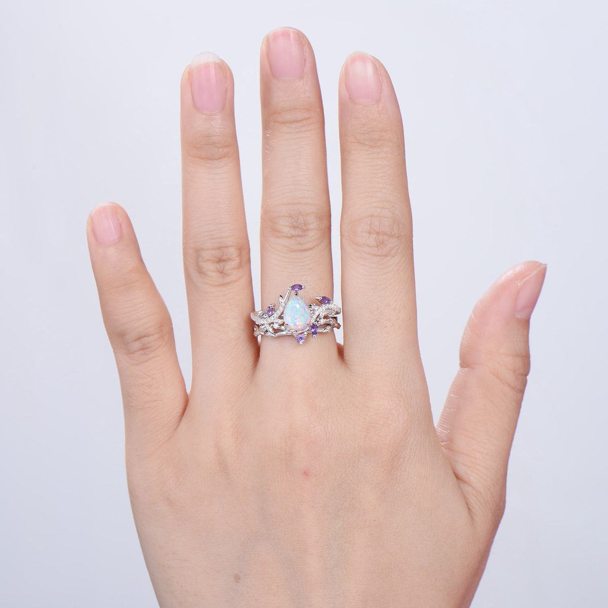 Vintage Pear Shaped White Fire Opal Engagement Ring Set Nature Inspired Snake Marqusie Opal Wedding Set 14K Rose Gold Amethyst Bridal Set - PENFINE
