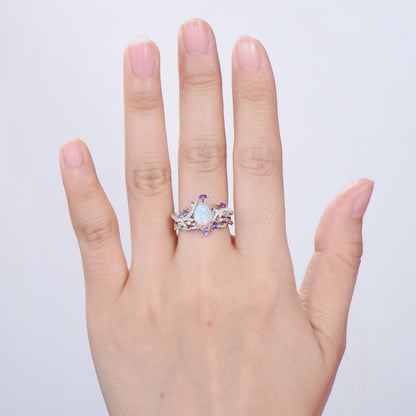 Vintage Pear Shaped White Fire Opal Engagement Ring Set Nature Inspired Snake Marqusie Opal Wedding Set 14K Rose Gold Amethyst Bridal Set - PENFINE