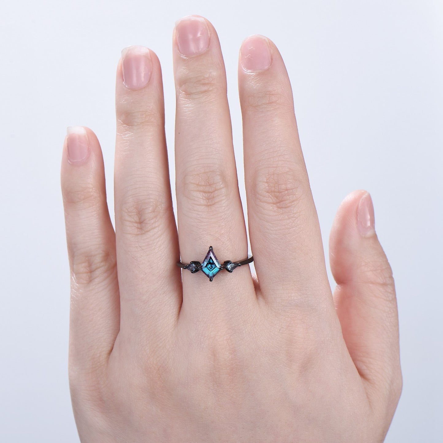 Dainty Black Gold Kite Cut Alexandrite Engagement Ring Minimalist Three Stone - PENFINE