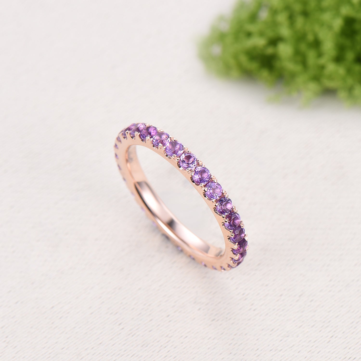 2mm Full Eternity Amethyst Eternity Band, Retro Rose Gold Wedding Ring