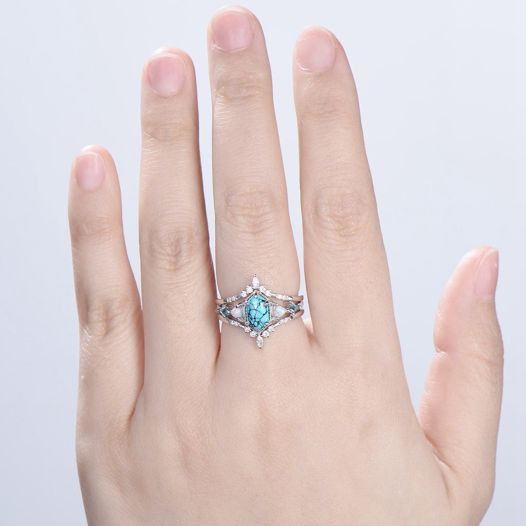 Vintage 5X9mm long hexagon turquoise engagement ring set unique triangle fire opal kite alexandrite wedding ring set double curved v band - PENFINE