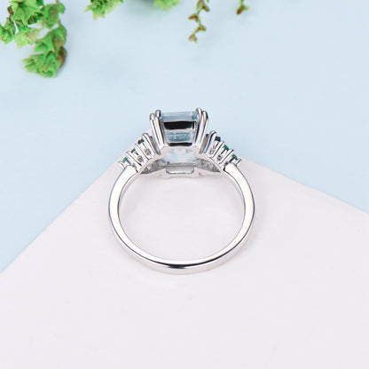 Vintage Emerald Cut Aquamarine Ring 8 Prongs Cluster Baguette Moss Agate Engagement Ring Unique March Birthstone Wedding Ring for Women - PENFINE
