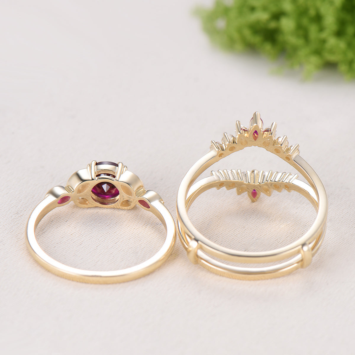 1CT Round Lab Ruby Engagement Ring Bezel Set Marquise Cut Enhancer Band Bridal Set