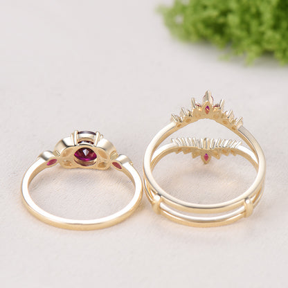 1CT Round Lab Ruby Engagement Ring Bezel Set Marquise Cut Enhancer Band Bridal Set
