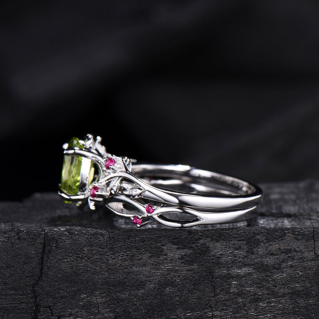 Leaf vine  peridot rubywedding ring set Natural inspired August Birthstone Jewelry