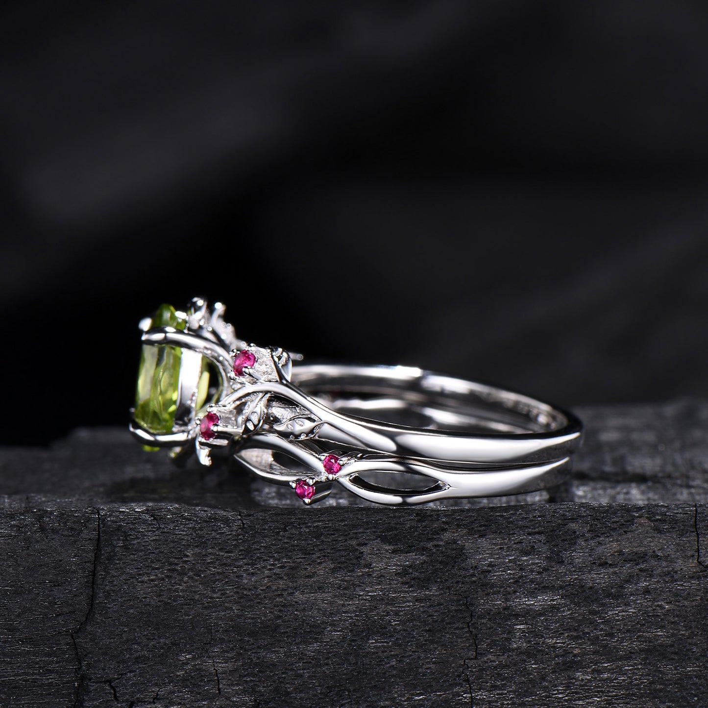 Leaf vine  peridot rubywedding ring set Natural inspired August Birthstone Jewelry