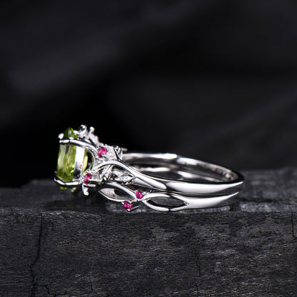 Leaf vine  peridot rubywedding ring set Natural inspired August Birthstone Jewelry