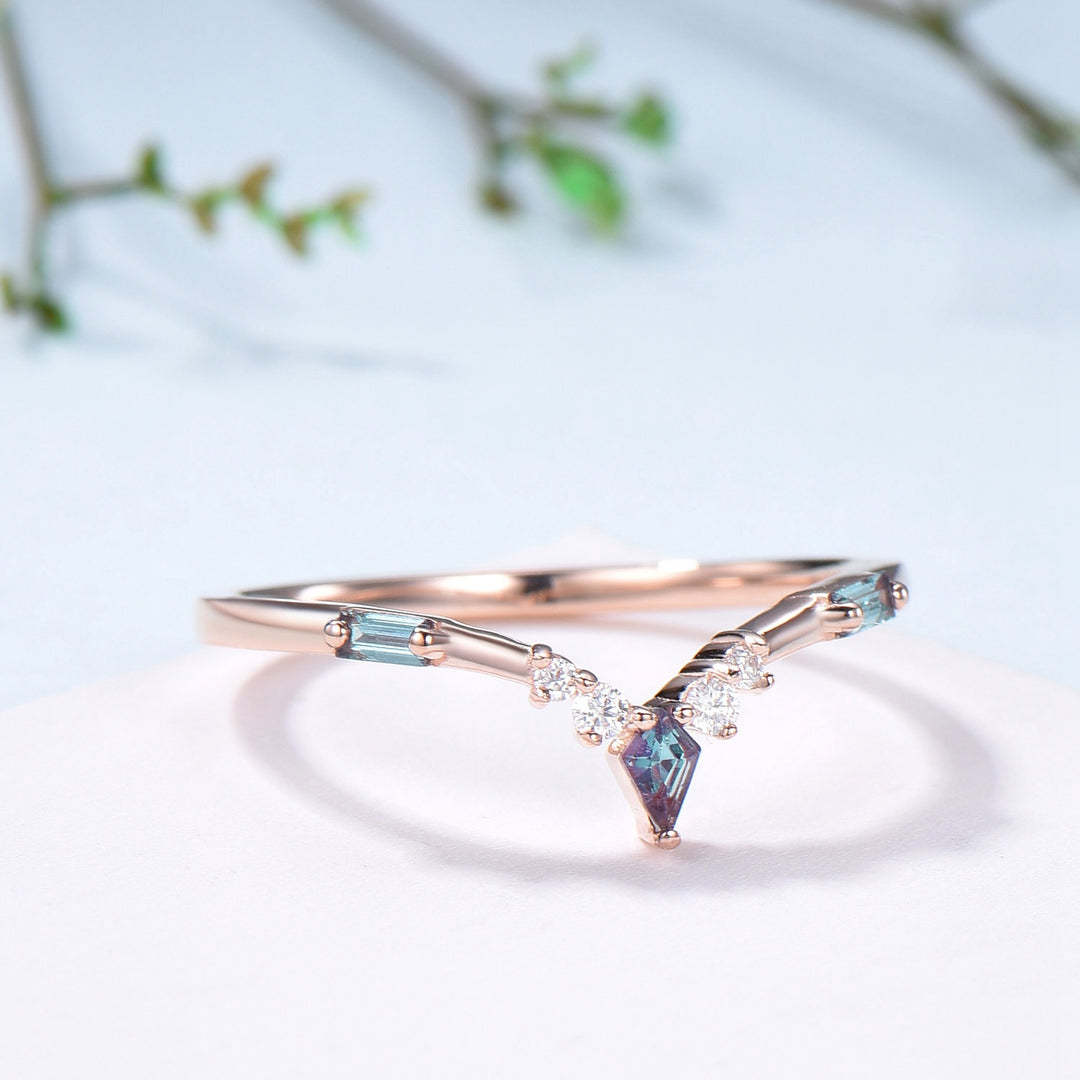 Curved Kite and Baguette Cut Alexandrite Wedding Band, Rose Gold Cluster Moissanite Ring - PENFINE