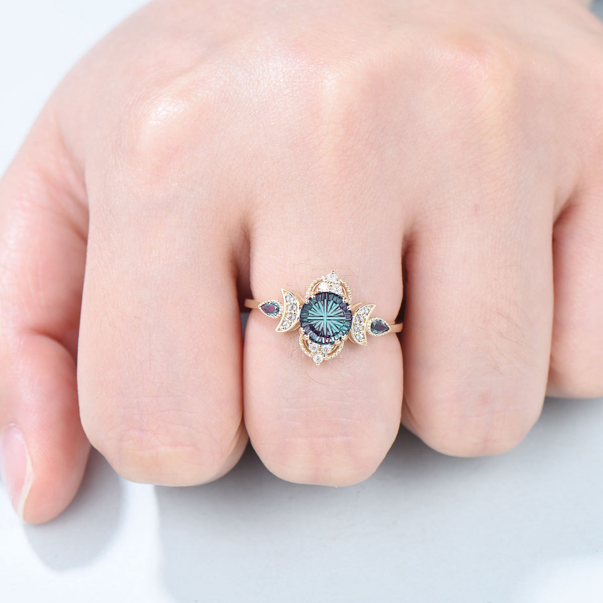 Round Shaped Fantasy Cut Alexandrite Moon Engagement Ring Diamond Art Deco Ring