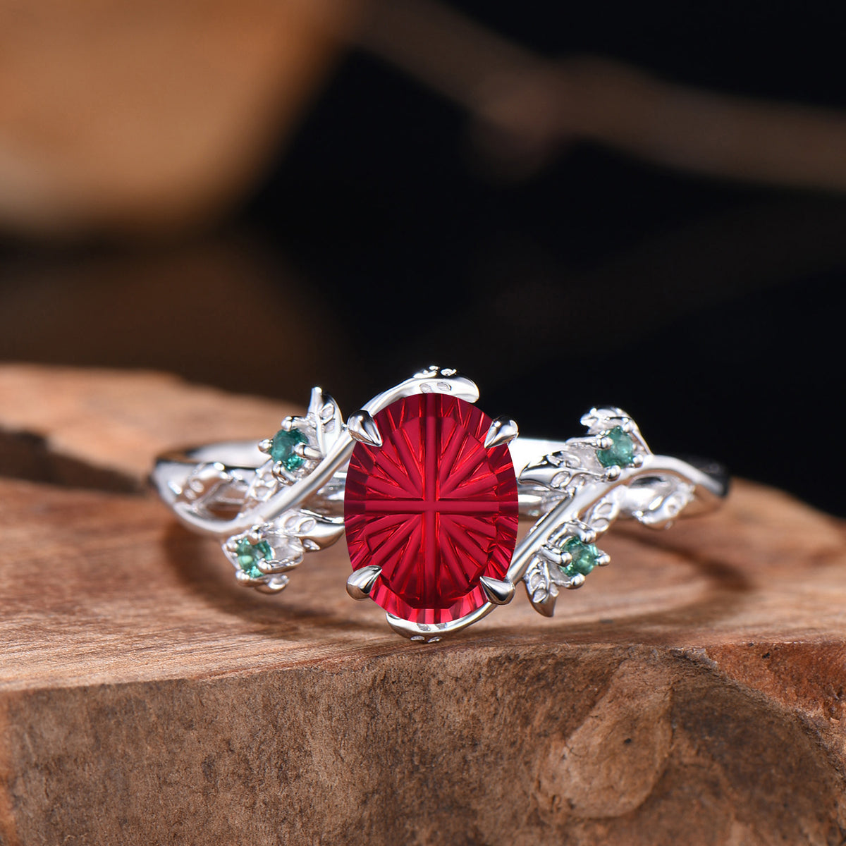 Oval Shaped Fantasy Cut Ruby leaf Engagement Ring Emerald Nature Inspired Ring Bridal Set