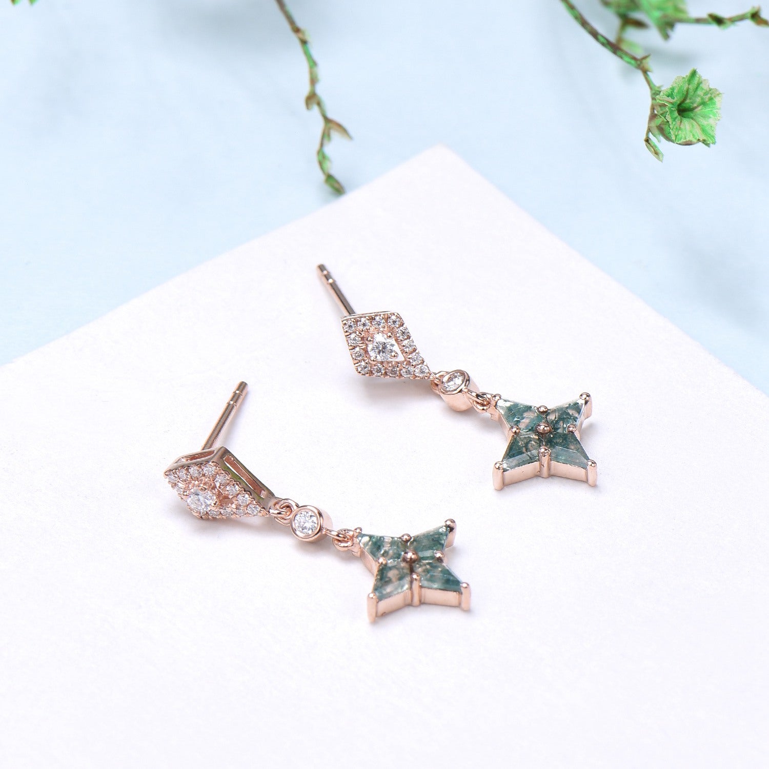 Vintage kite moss agate earrings Unique pinwheel earrings halo diamond drop stud earrings dainty green agate anniversary gift for women - PENFINE