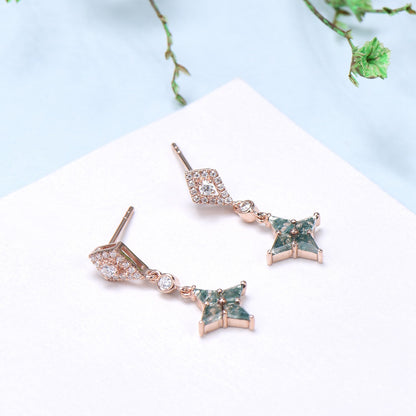 Vintage kite moss agate earrings Unique pinwheel earrings halo diamond drop stud earrings dainty green agate anniversary gift for women - PENFINE