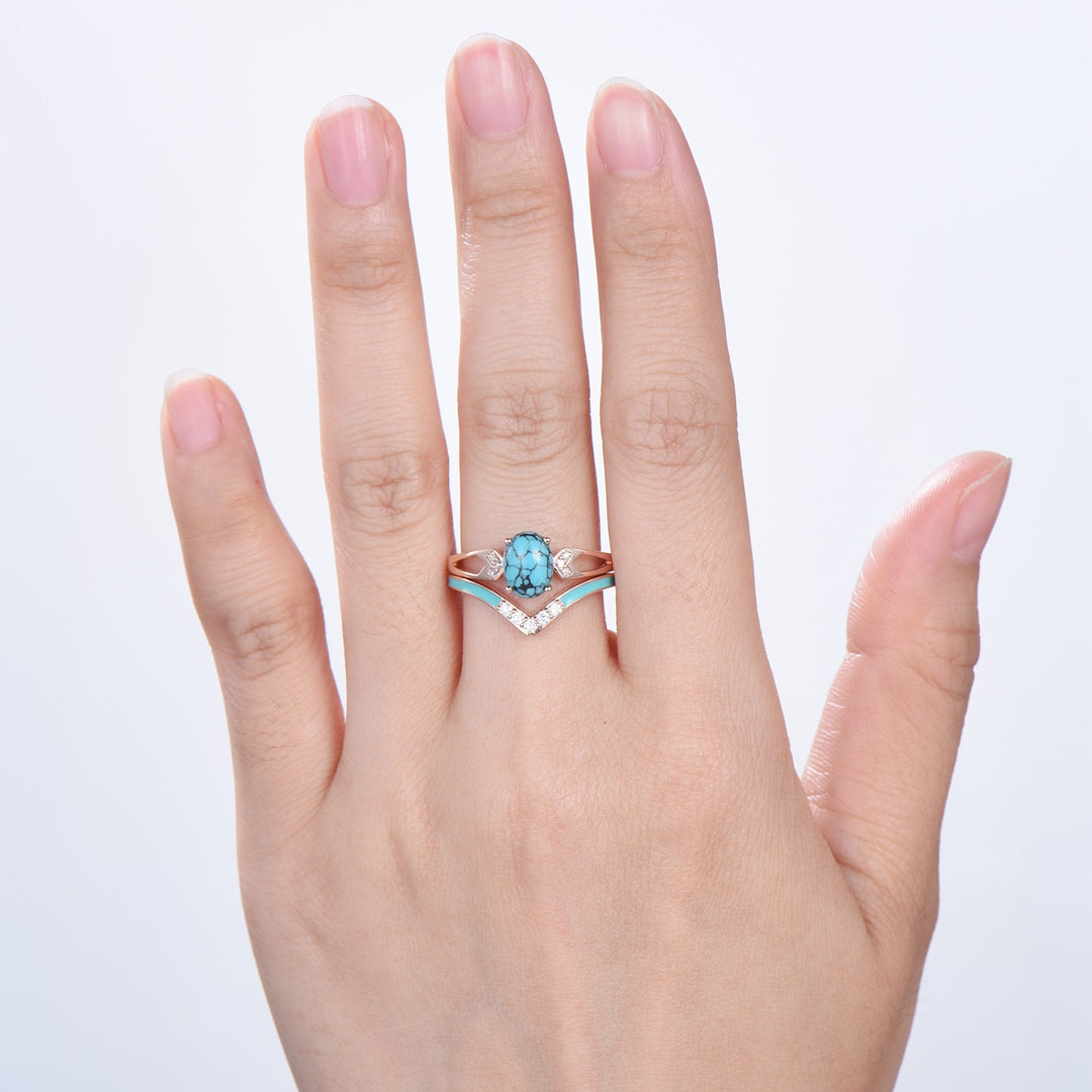 Unique Oval Turquoise engagement ring set 14k white gold vintage split shank engagement ring for women Blue Enamel Wedding Ring Antique Gift - PENFINE