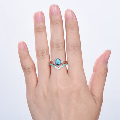 Unique Oval Turquoise engagement ring set 14k white gold vintage split shank engagement ring for women Blue Enamel Wedding Ring Antique Gift - PENFINE