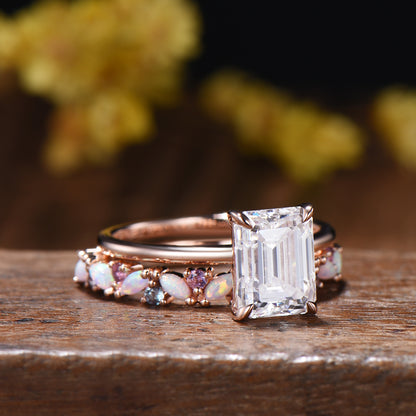 Emerald Cut Moissanite Engagement Ring | 14K Rose Gold Bridal Set, Opal Wedding Band