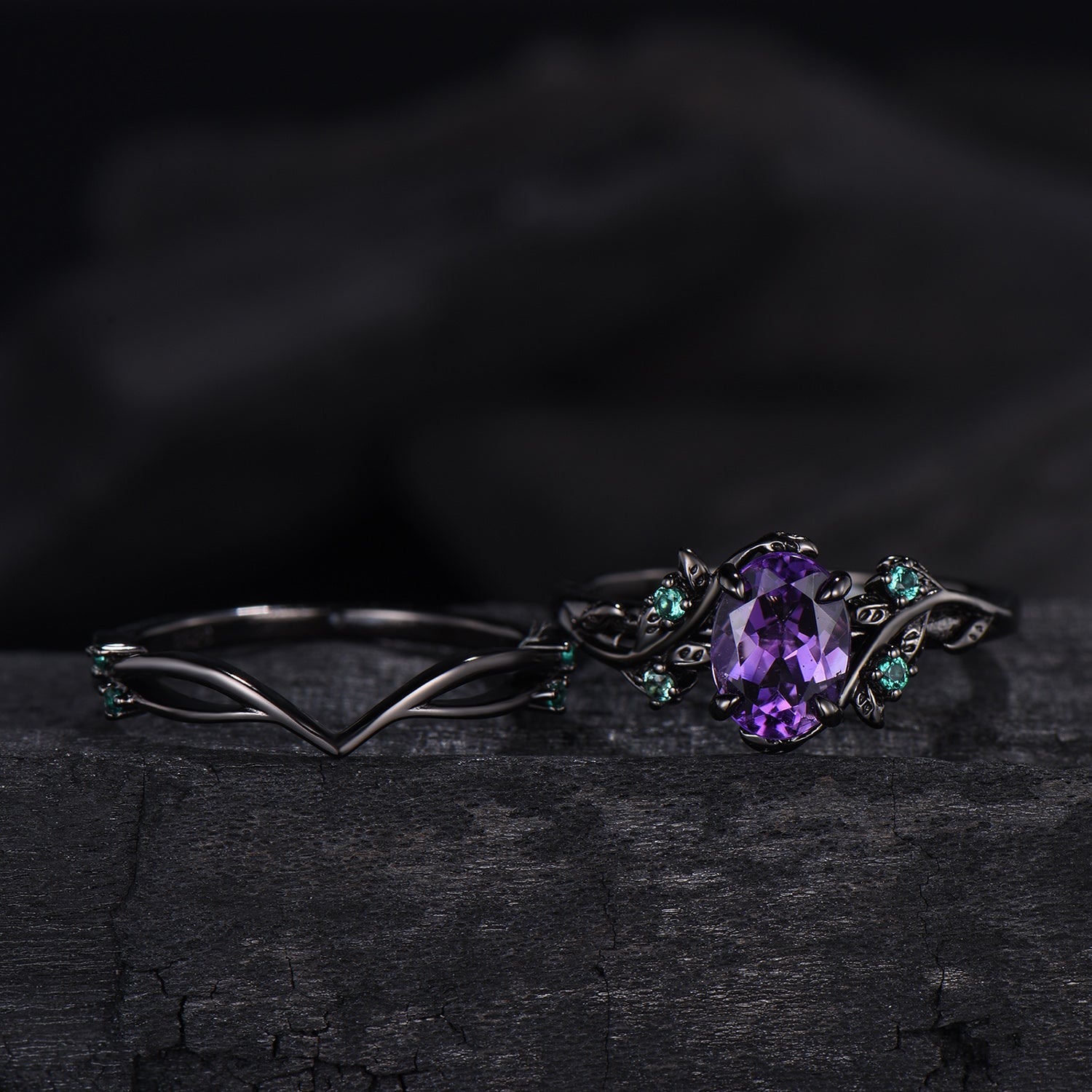 Unique black gold amethyst ring set Nature Inspired purple amethyst engagement ring vintage cluster emerald Leaf wedding ring set for women