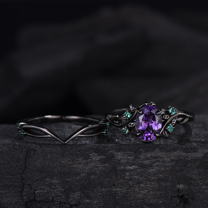 Unique black gold amethyst ring set Nature Inspired purple amethyst engagement ring vintage cluster emerald Leaf wedding ring set for women