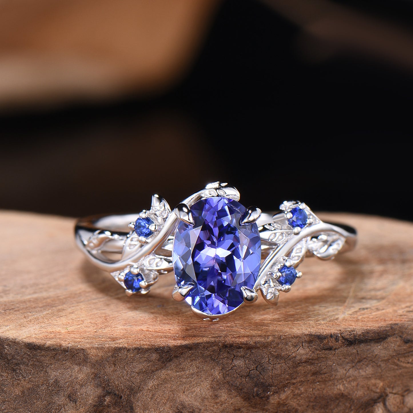 Natural Inspired Tanzanite Ring Set - Leaf Twig Sapphire Wedding Ring