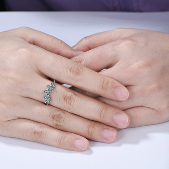 Vintage Moss Agate Wedding Band, Curved Stacking Ring, 14K Rose Gold, Pear Cut Moissanite