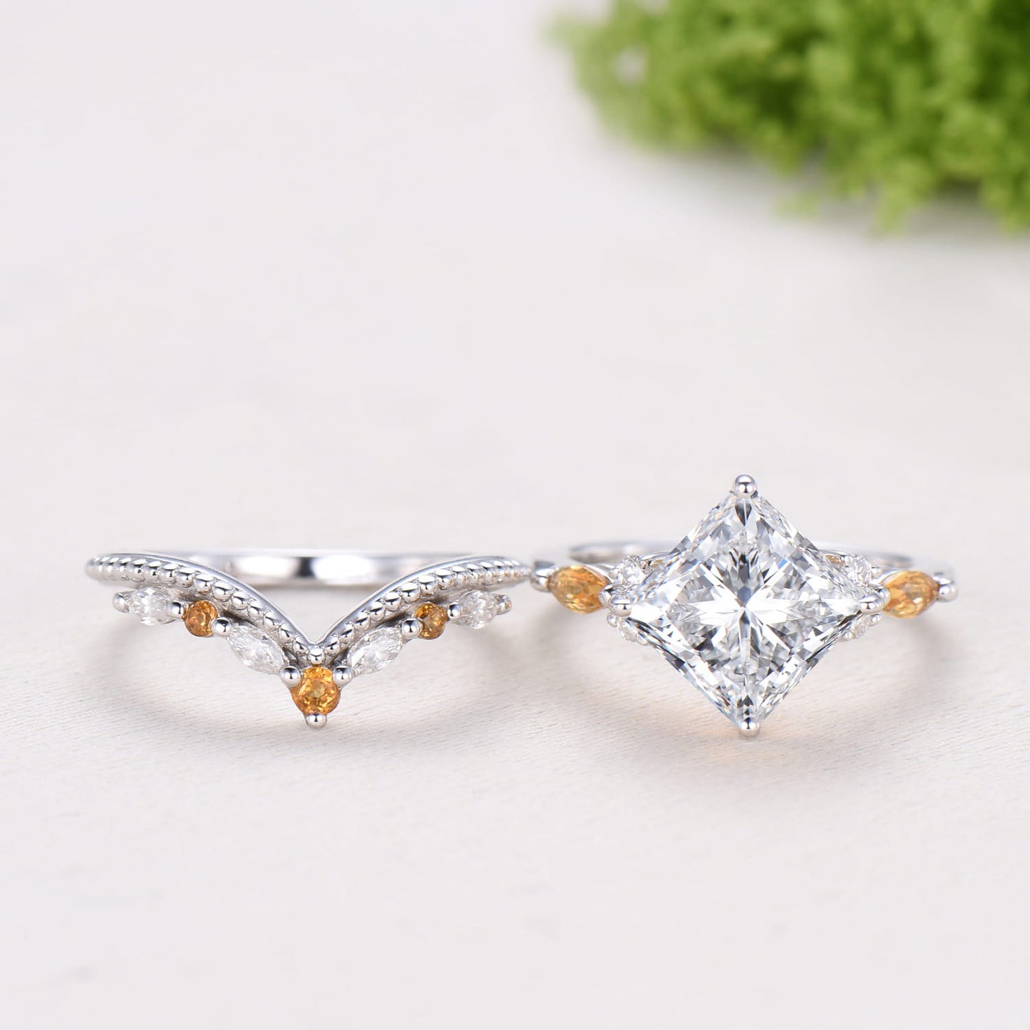2CT Princess Cut Lab Grown Diamond Engagement Ring Set, Cluster Citrine Bridal Set